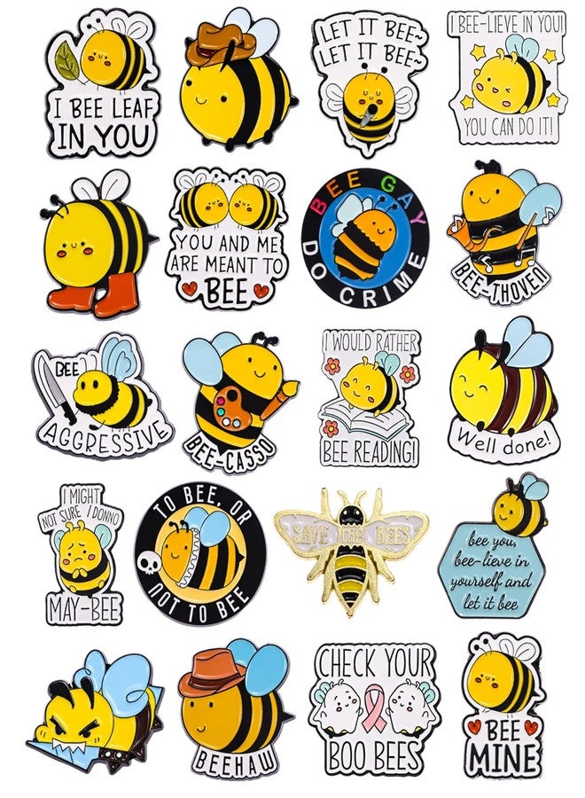 RANERVZ 20pcs Funny Bee Pins Bulk with Storage Bag Cute Let It Bee Decorative Brooch Pins Accessories Cartoon Bee Enamel Pins for Backpack Hat Jackets Christmas Birthday Graduation Gifts for Women Kids Bee Lovers Pin Collectors - Image 1